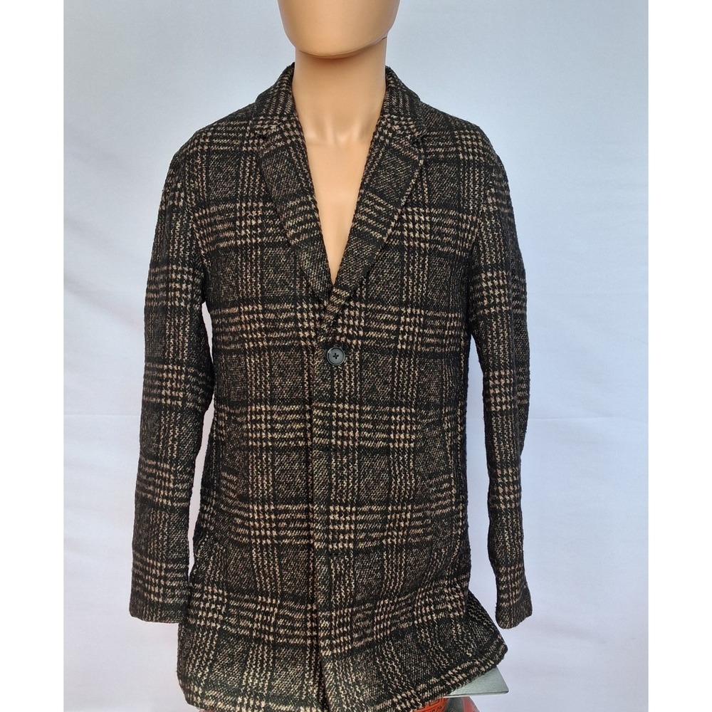 Jack & Jones Premium Mens Brown Black Plaid Overcoat Wool Blend Jacket Small